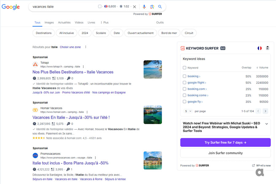 Ecrans d'interface de l'extension Chrome Keyword Surfer