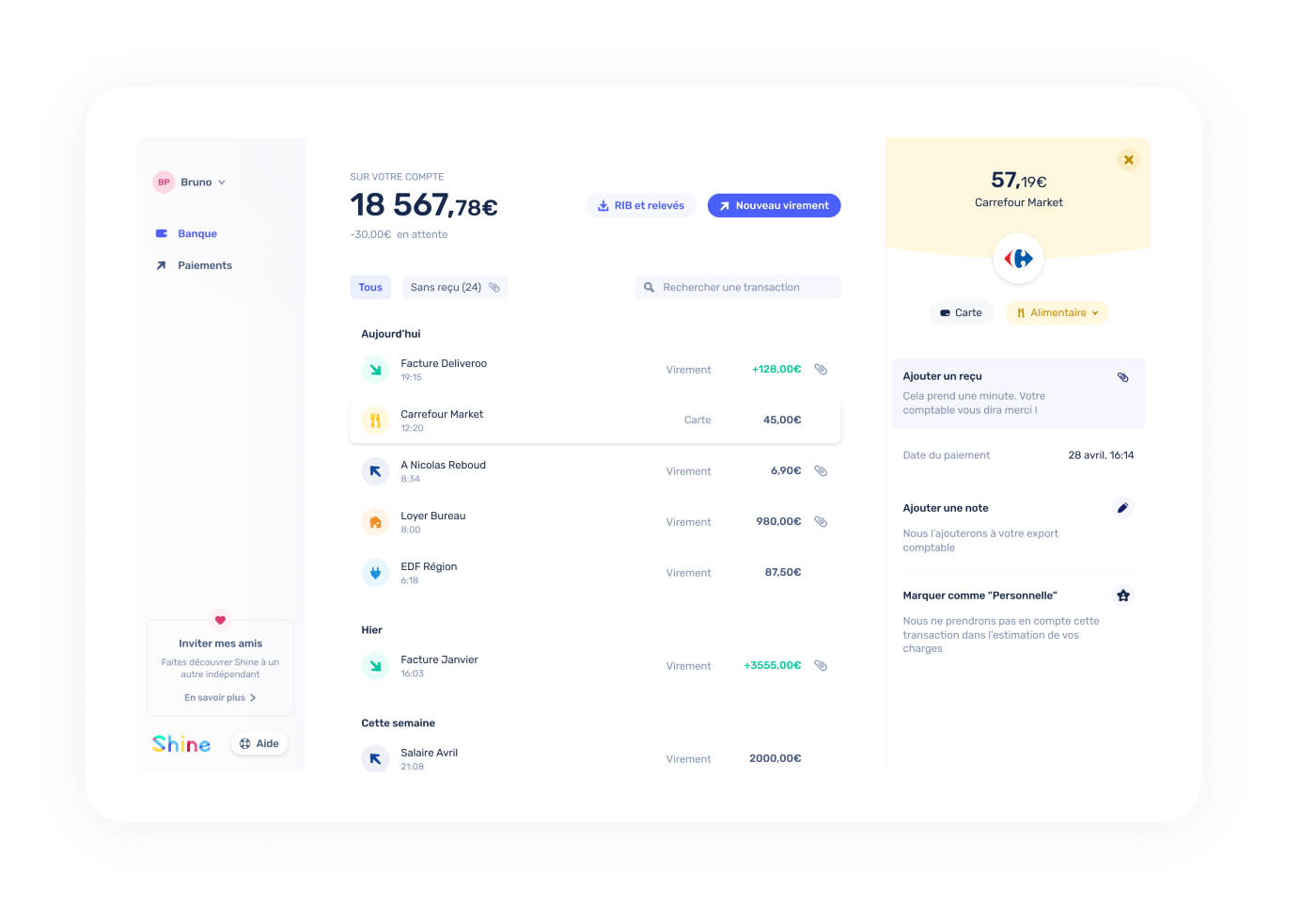 Interface web du compte pro Shine